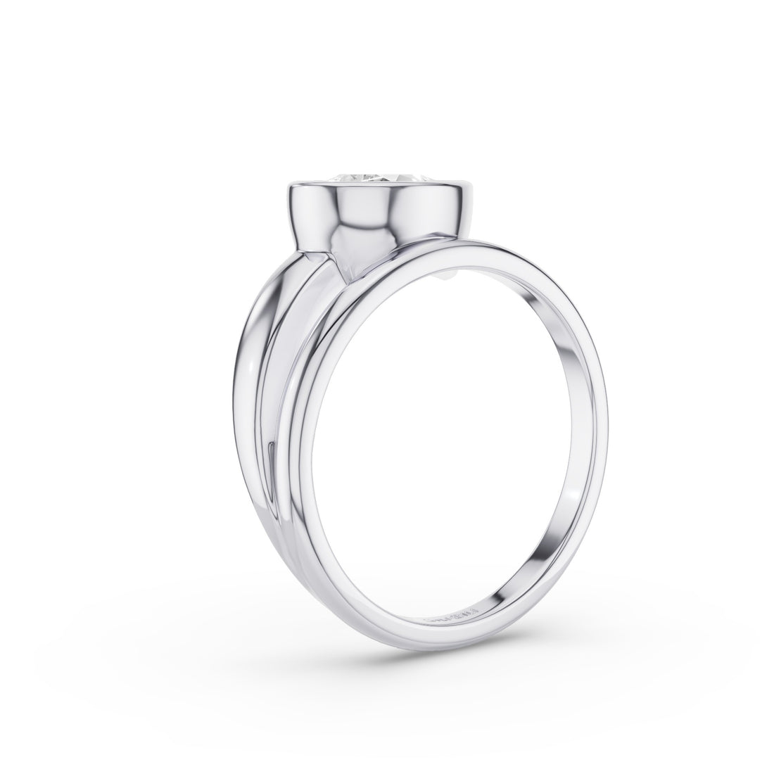 A polished silver-toned ring with a wide band and a small round clear gemstone set in a bezel-like top, shown on a clean white background.