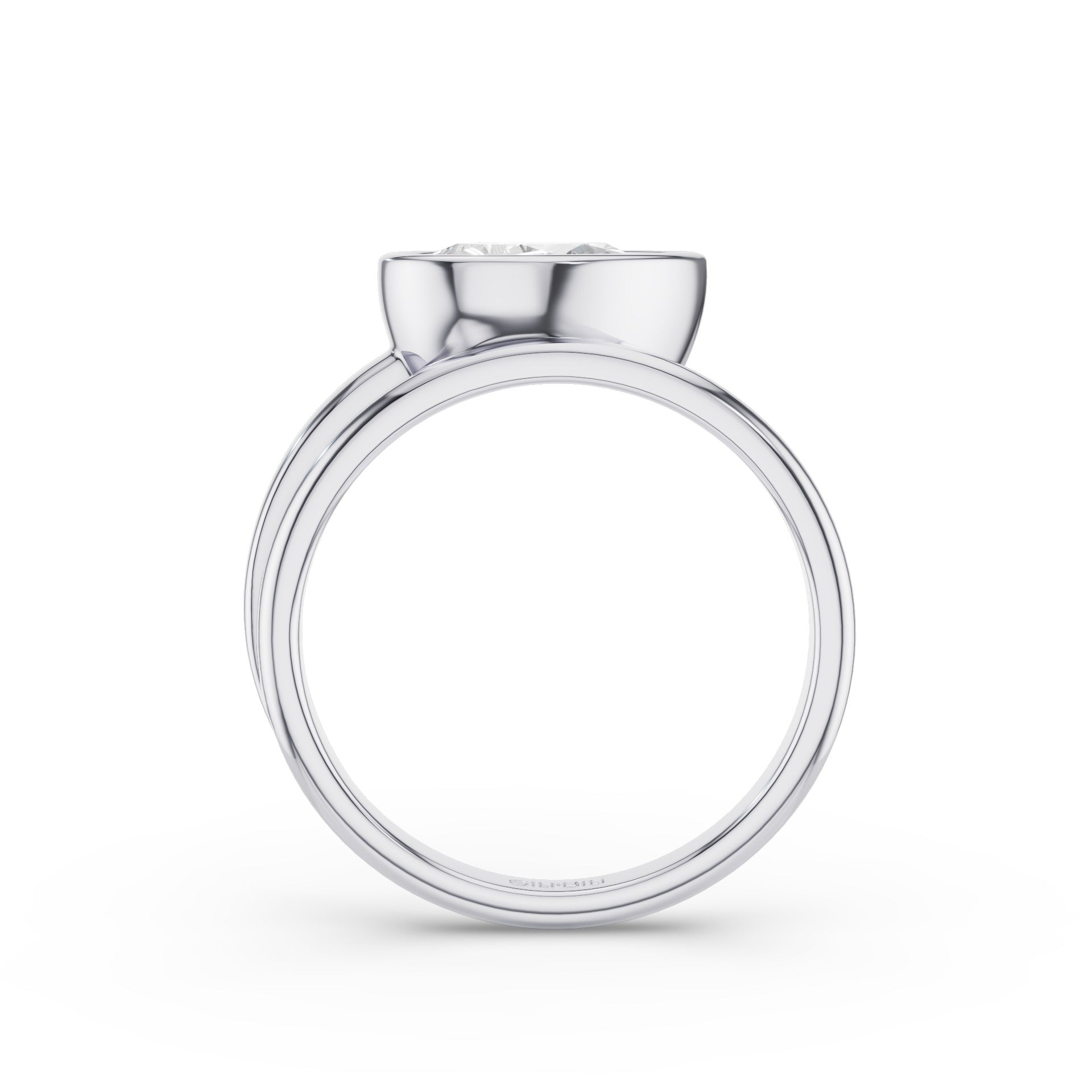 A silver-toned ring with a wide, polished band and a small, round clear gemstone set in a smooth bezel at the top, shown against a plain white background.