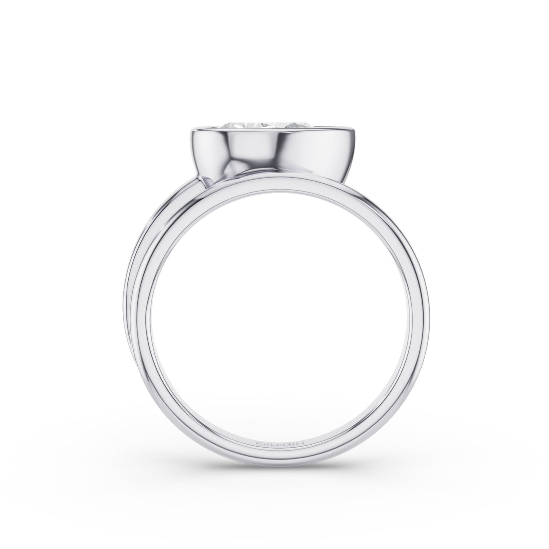 A silver-toned ring with a wide, polished band and a small, round clear gemstone set in a smooth bezel at the top, shown against a plain white background.