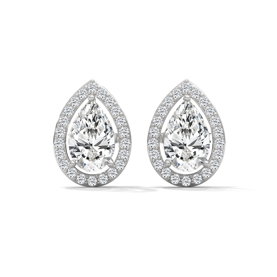Pair of pear-shaped diamond earrings on a white background