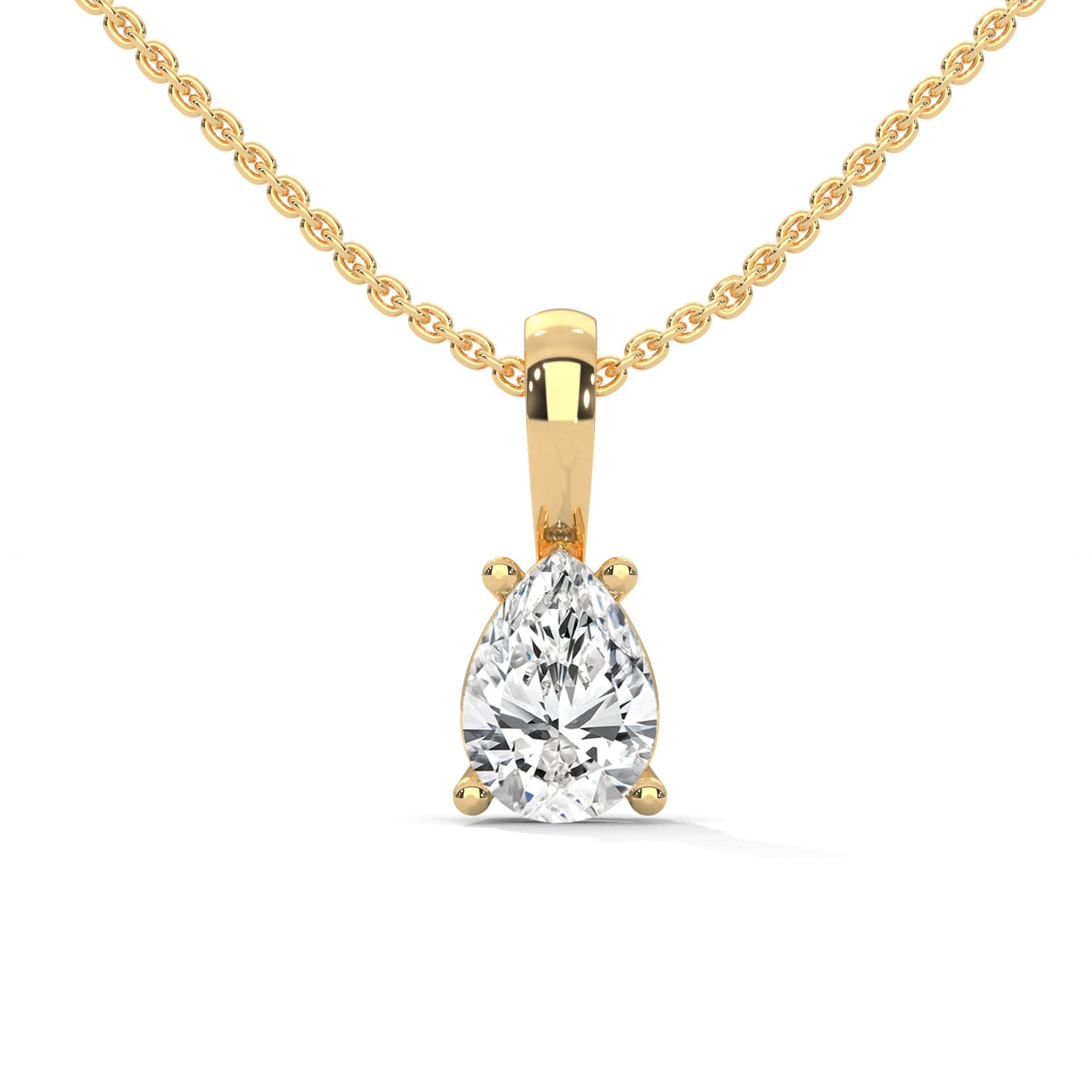Gold necklace with a pear-shaped diamond pendant on a white background