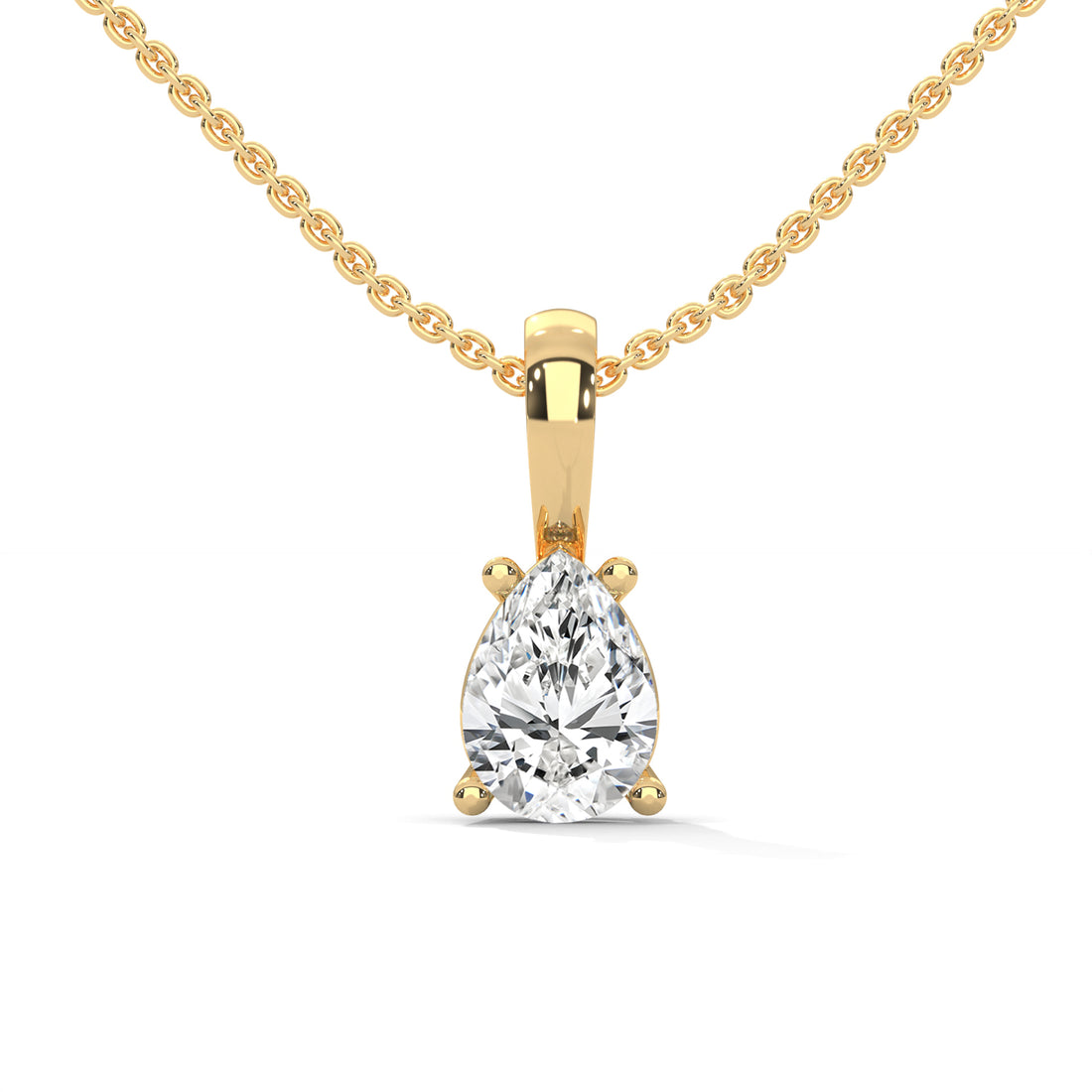 Gold necklace with a pear-shaped diamond pendant on a white background