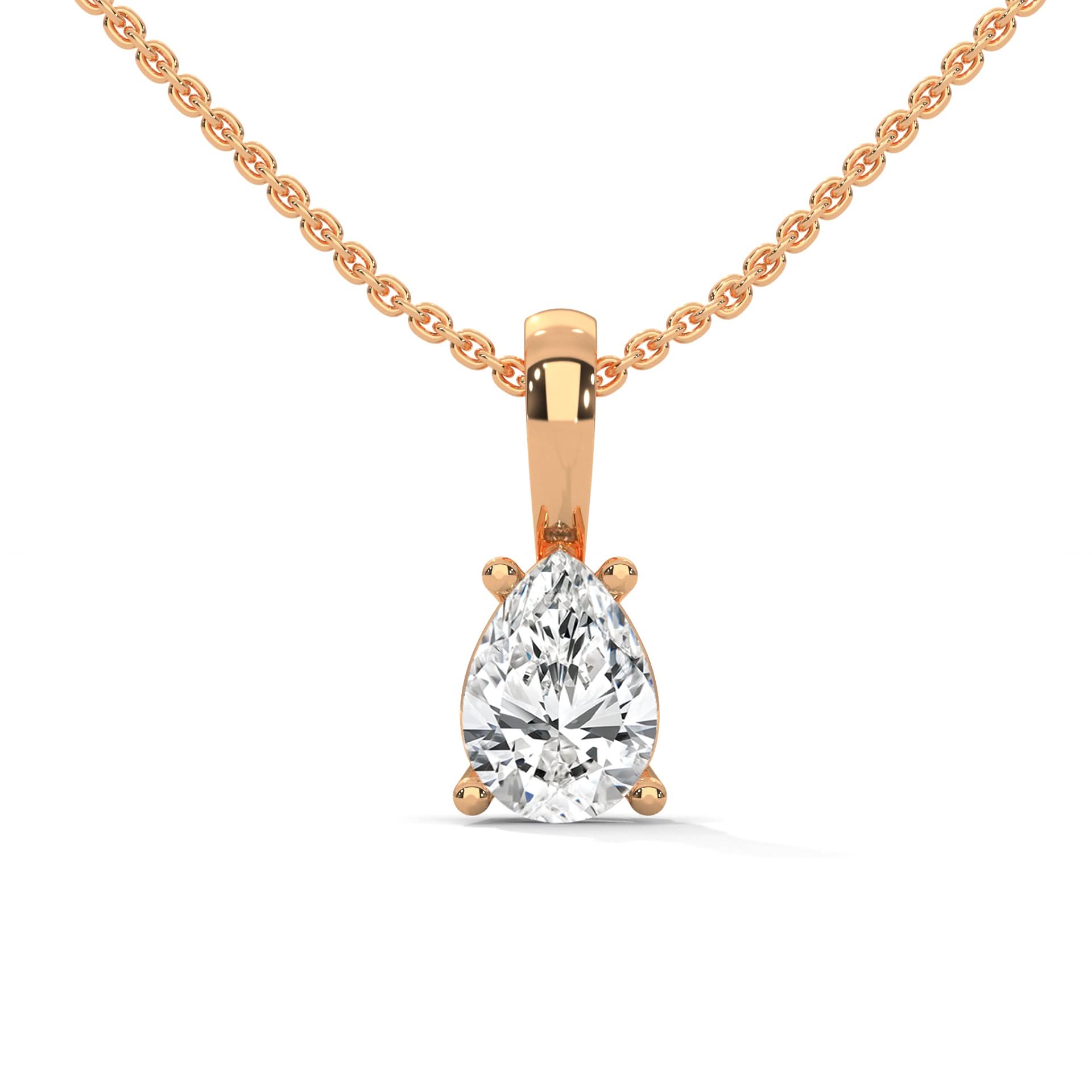 Rose gold necklace with a pear-shaped diamond pendant on a white background