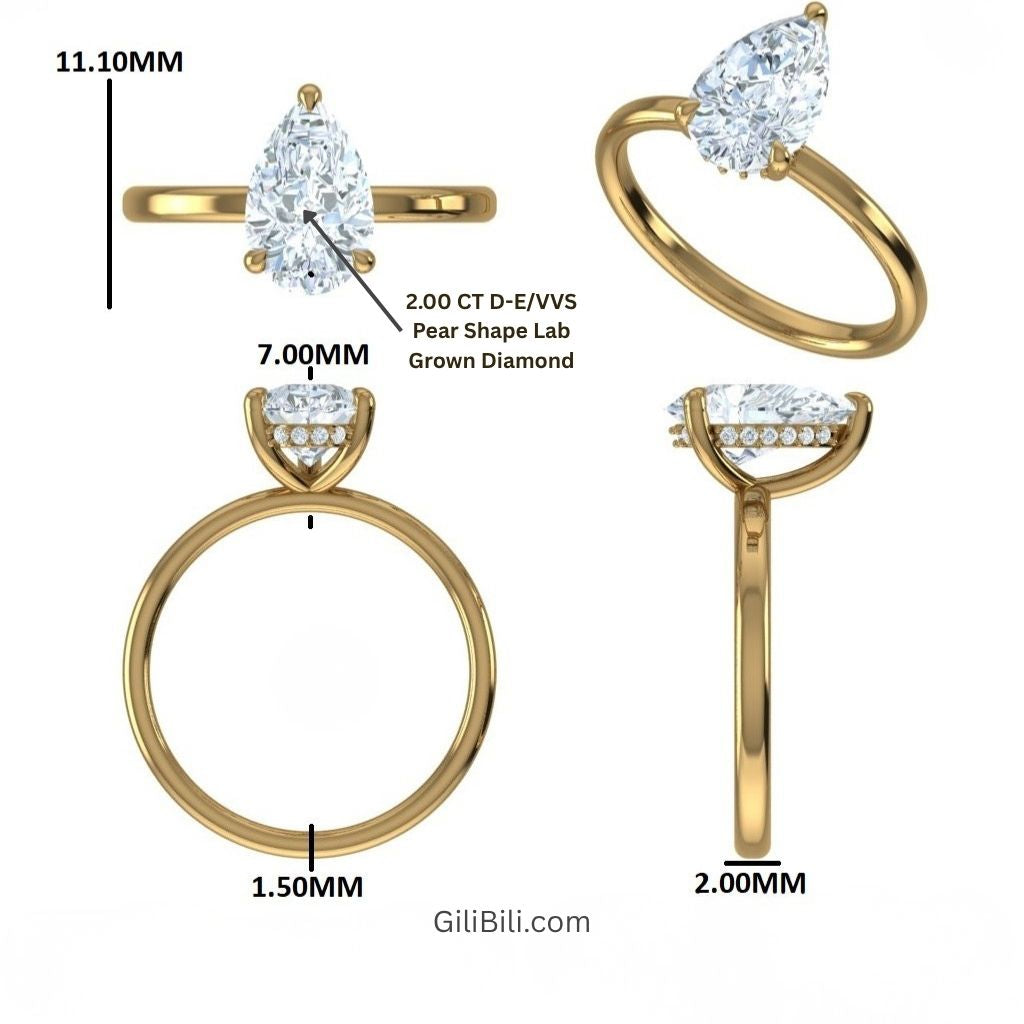 Pear Shaped Lab Grown Diamond Hidden Halo Engagement Ring