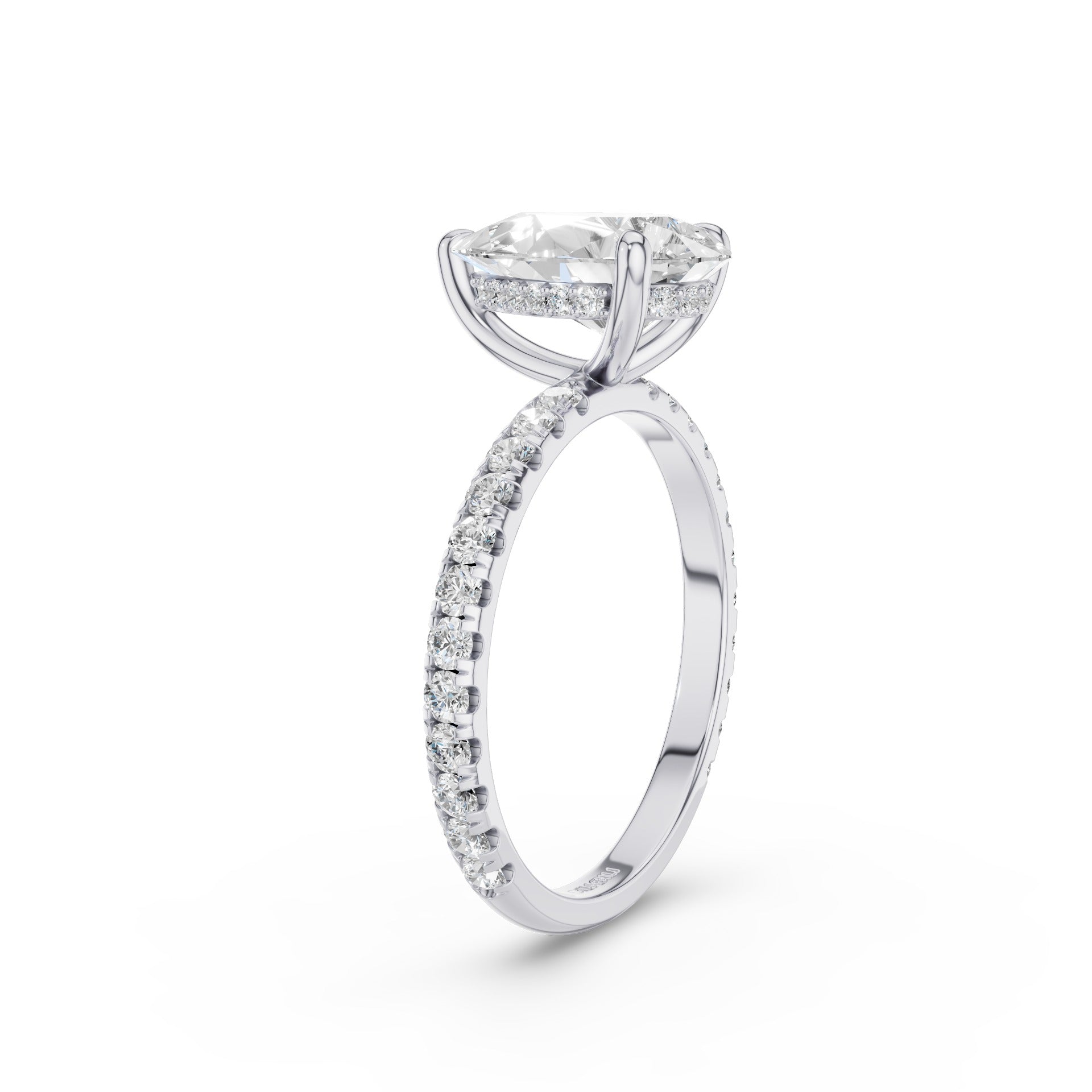 A silver-tone diamond engagement ring featuring a marquise-cut center stone in a prong setting, with a pavé band of round diamonds, shown on a clean white background.