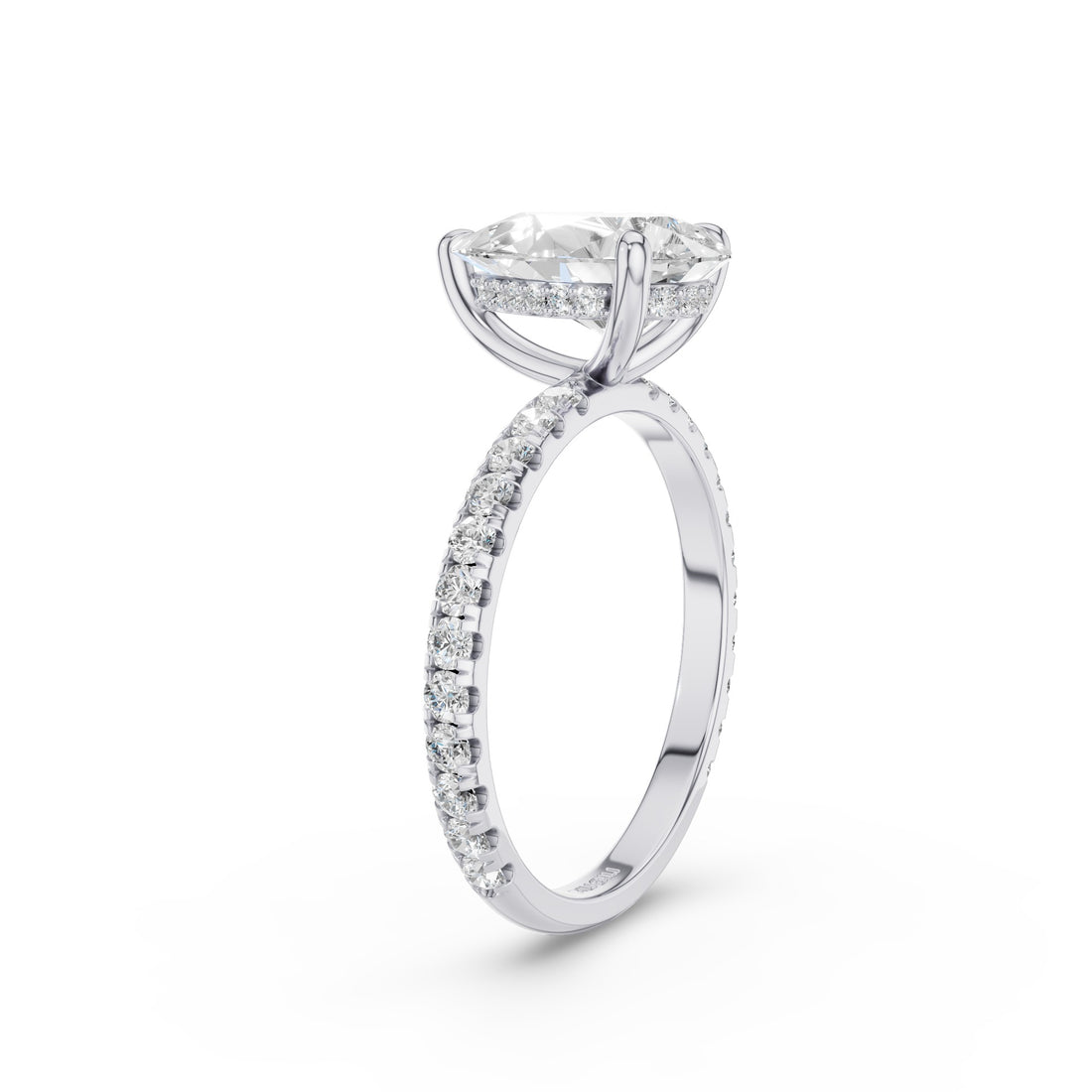 A silver-tone diamond engagement ring featuring a marquise-cut center stone in a prong setting, with a pavé band of round diamonds, shown on a clean white background.
