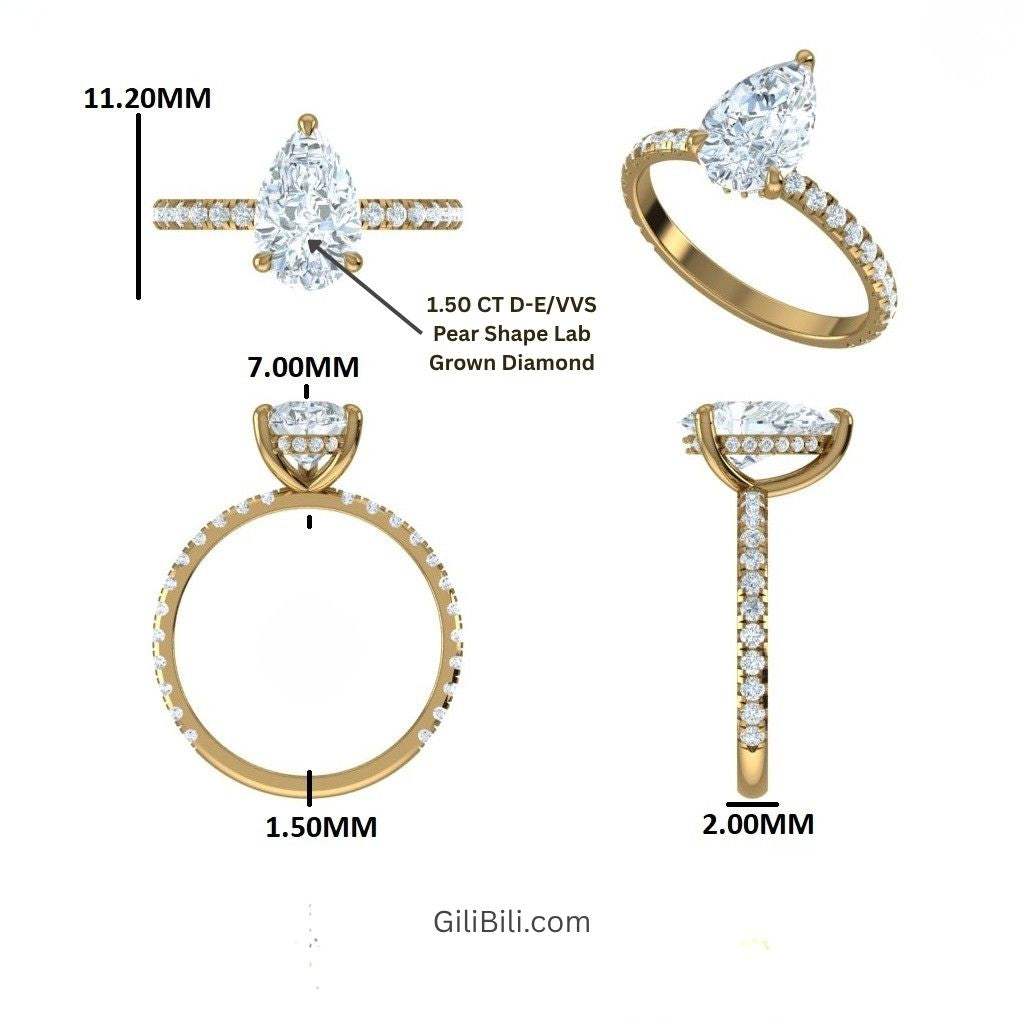 Yellow gold pear-cut diamond engagement ring shown from multiple angles with measurement labels and a diamond spec note on a white background.