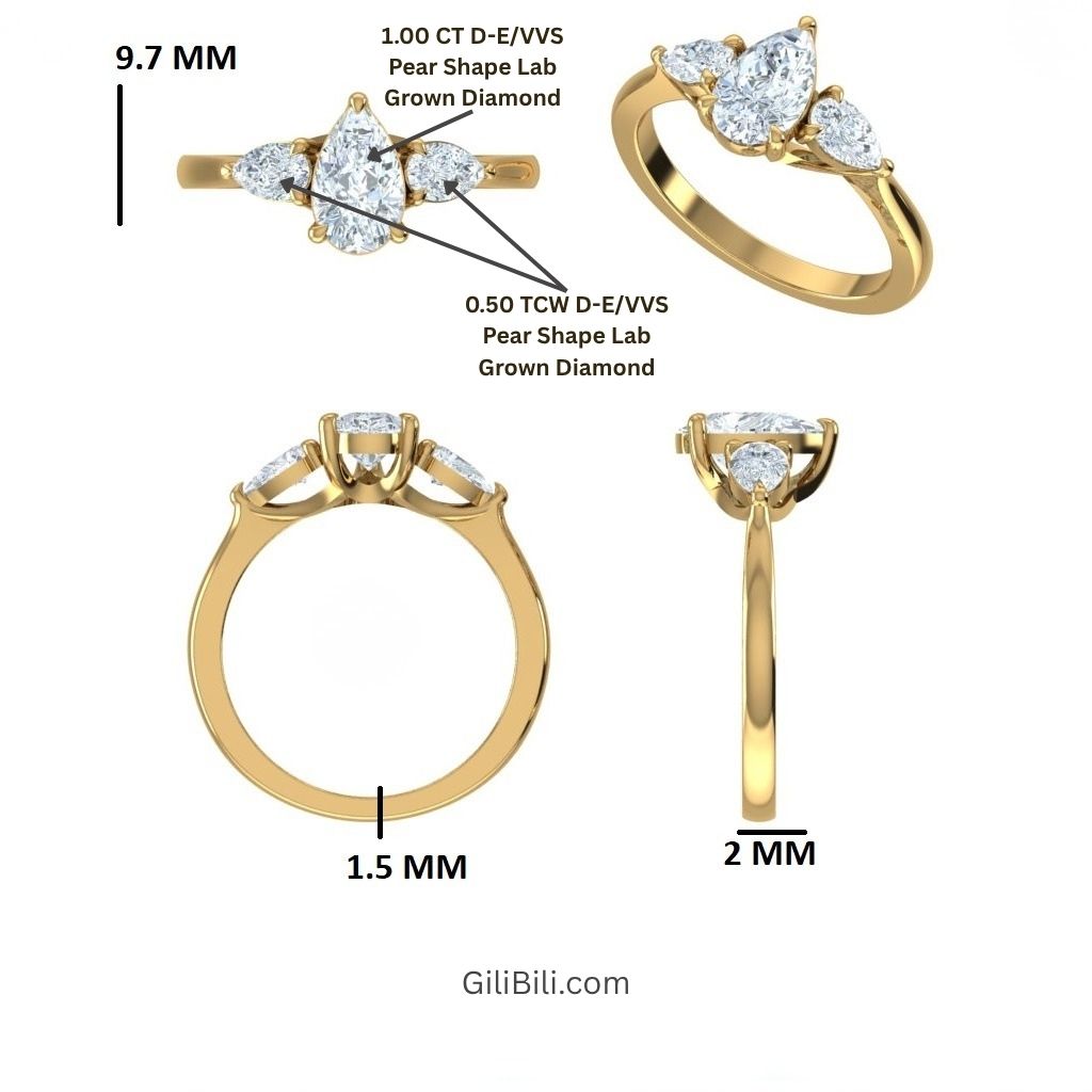 Pear Shaped Lab Grown Diamond Three Stone Engagement Ring.