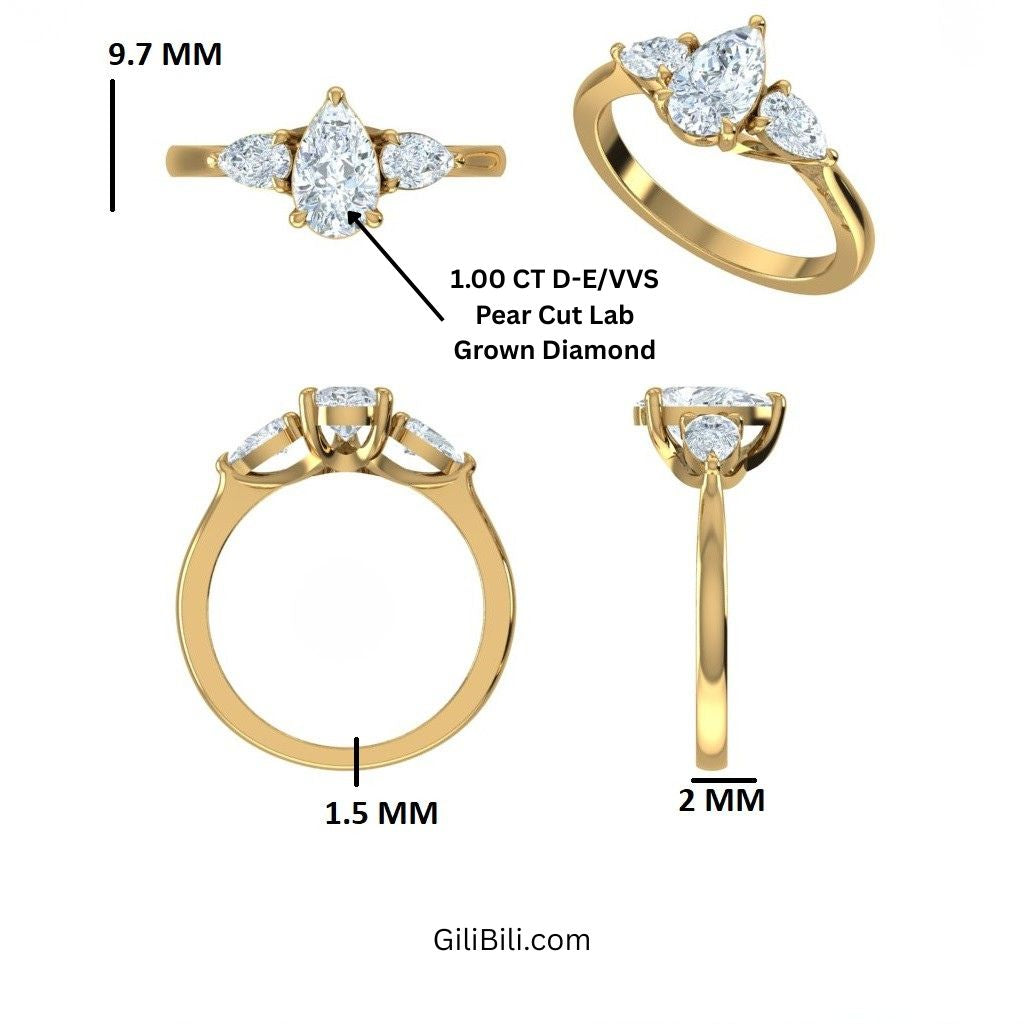 Pear Shaped Lab Grown Diamond Three Stone Engagement Ring