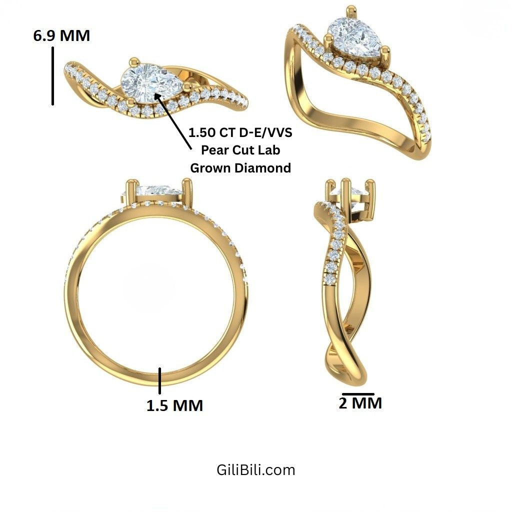Pear Shaped Lab Grown Diamond Wavy Pavé Ring