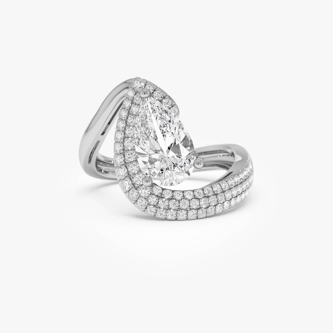 Pear Shaped Triple Row Pave Band Engagement Ring