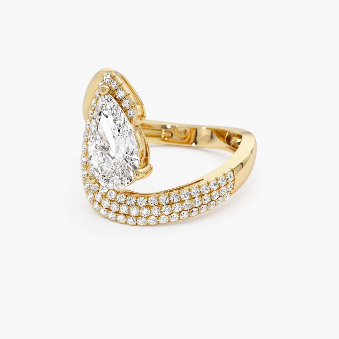 Pear Shaped Triple Row Pave Band Engagement Ring