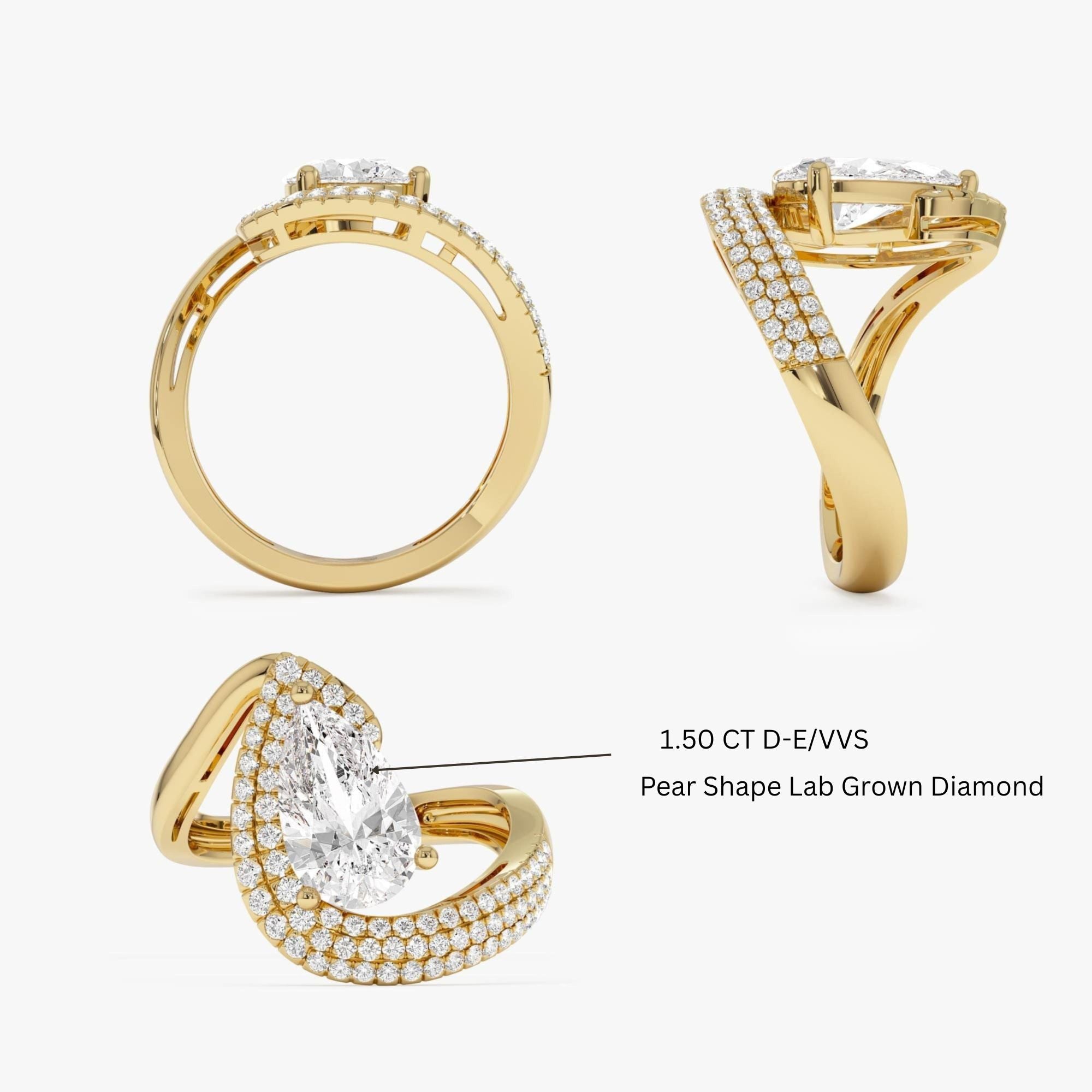Pear Shaped Triple Row Pave Band Engagement Ring