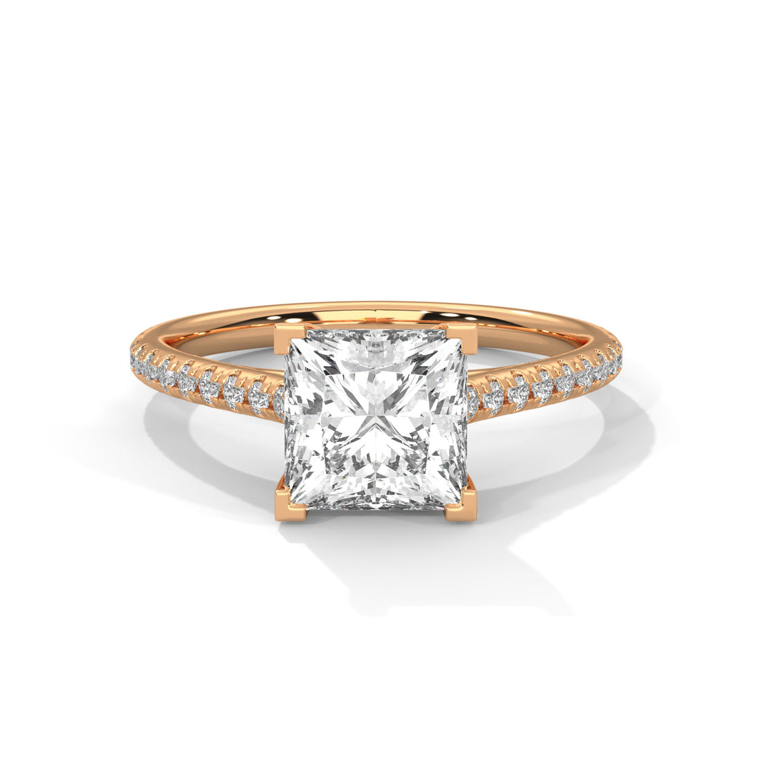 Rose gold ring with a large diamond and smaller diamonds on the band against a white background