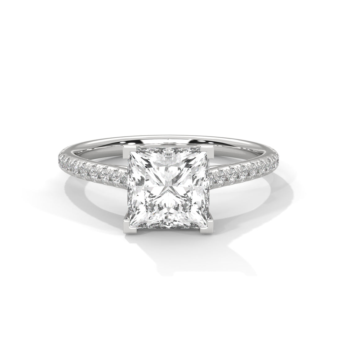 Diamond ring with a square-cut gemstone on a white background