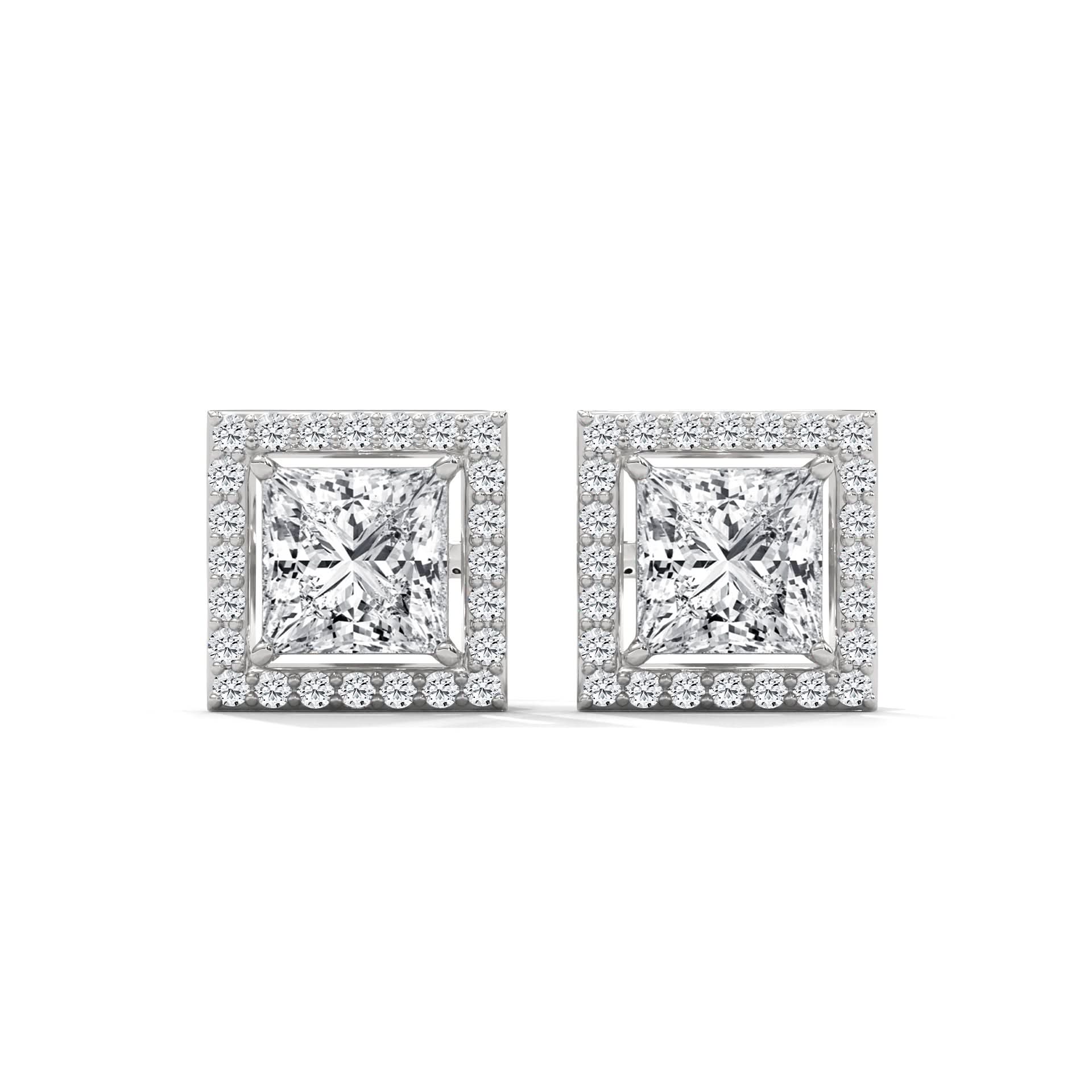 Pair of diamond square stud earrings on a white background