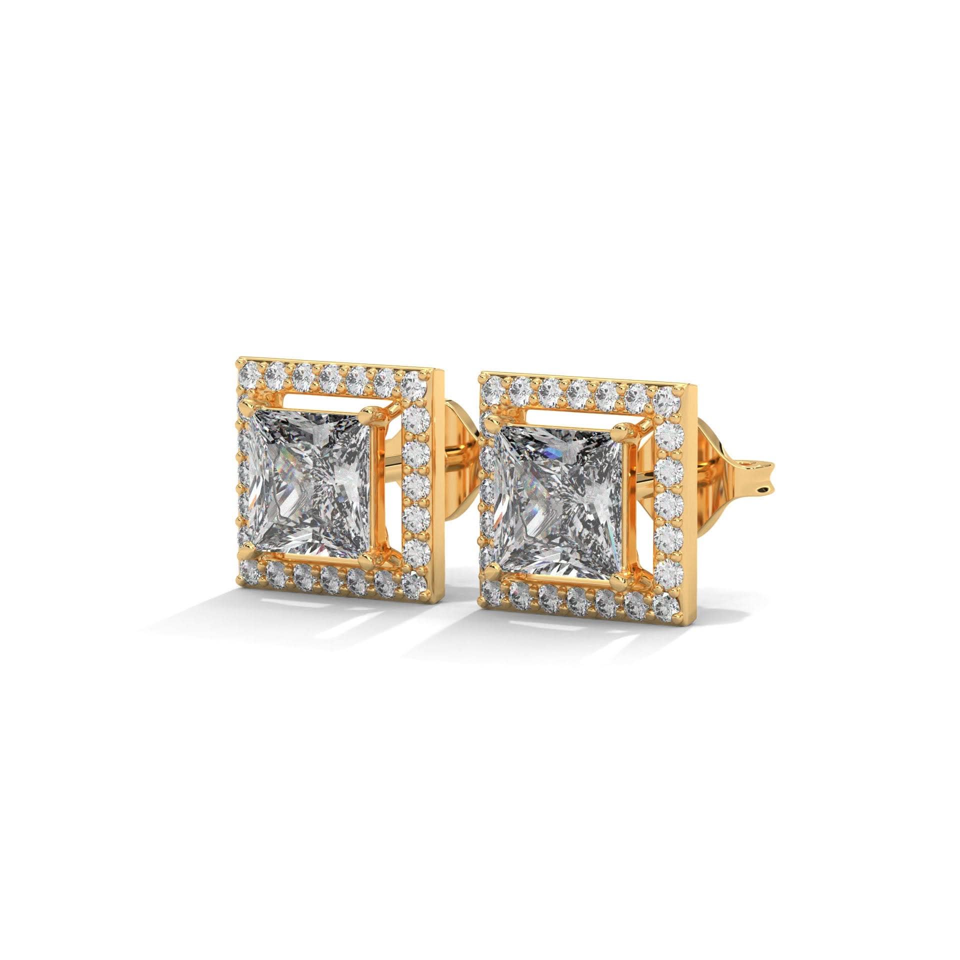 Gold square-cut diamond earrings on a white background
