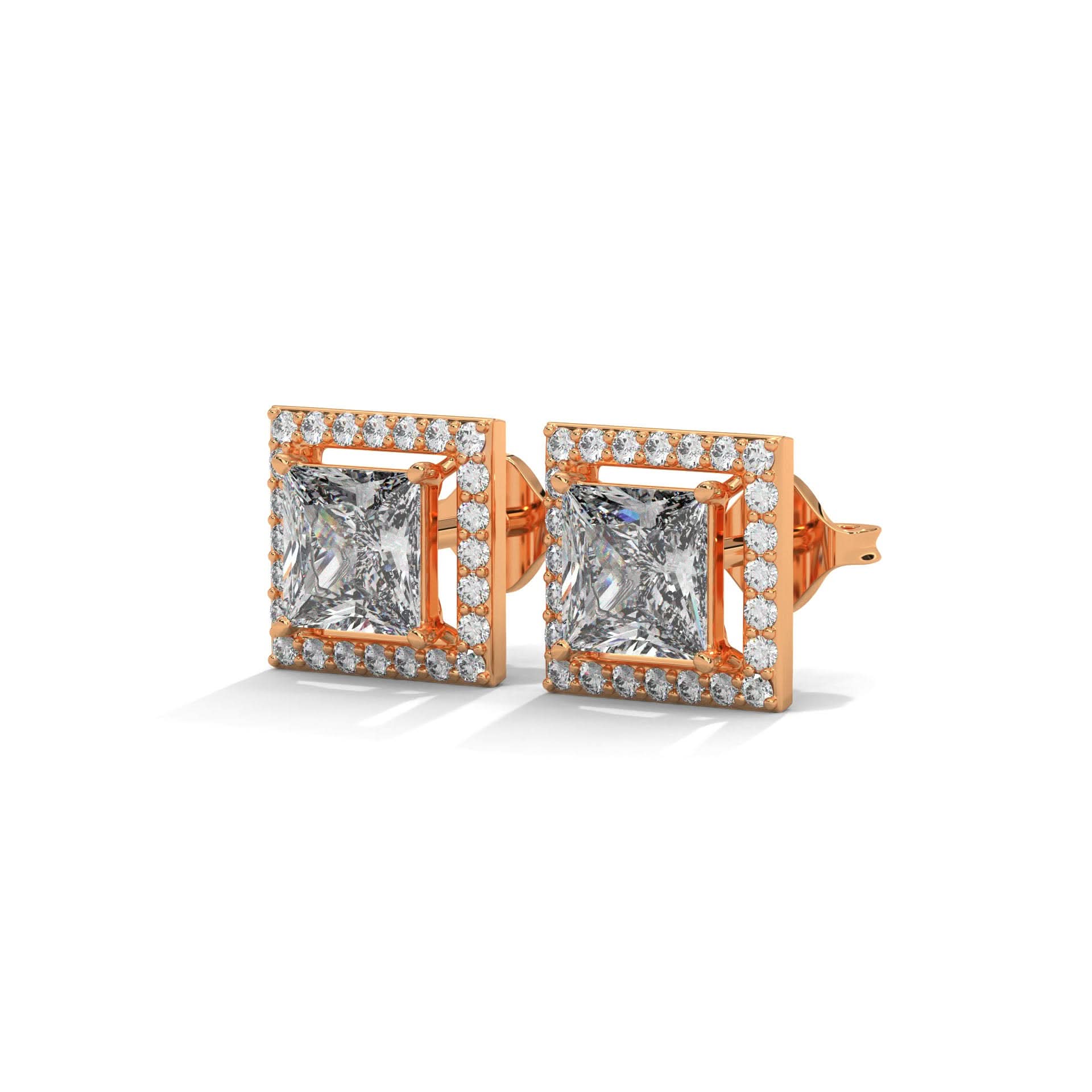 Rose gold earrings with large square Princess and smaller round stones on a white background