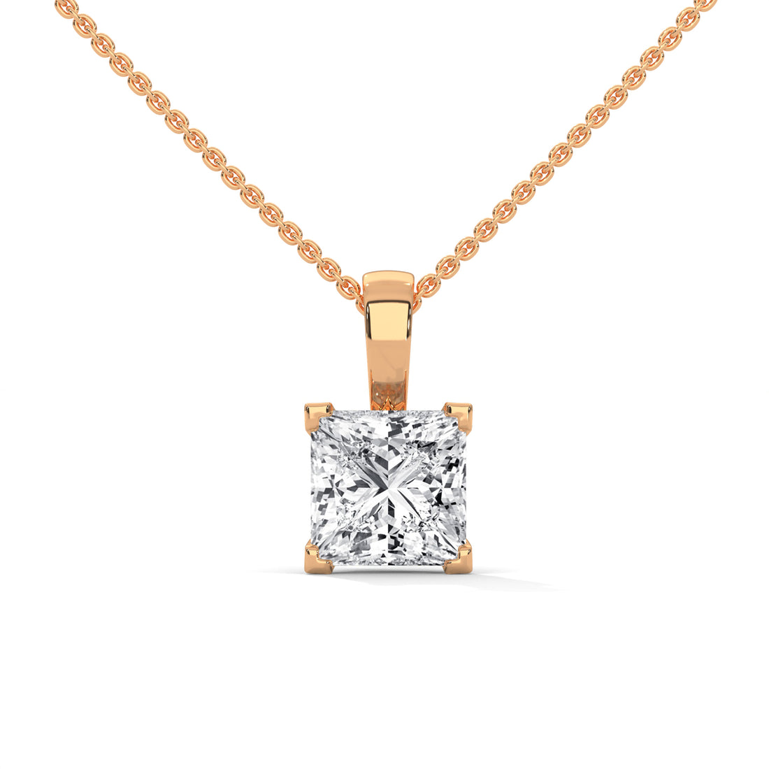 Rose gold necklace with a diamond pendant on a white background