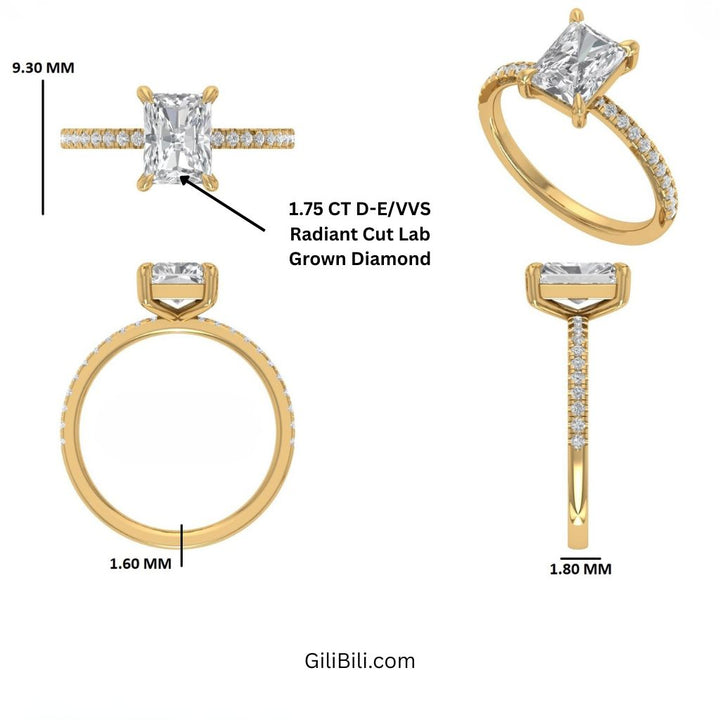 Radiant Cut Lab Grown Diamond Pavé Band Hidden Halo Engagement Ring