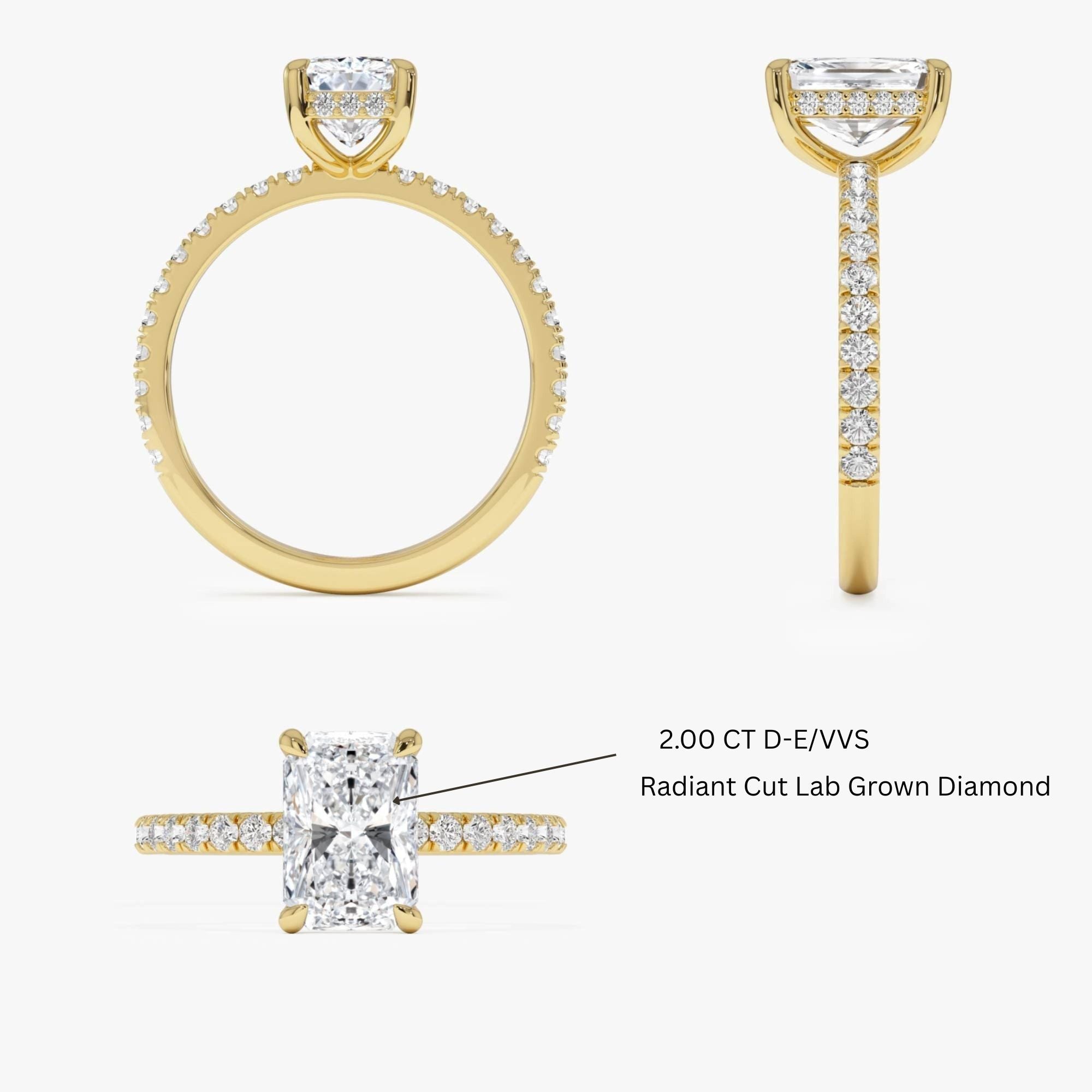 Radiant Cut Lab Grown Diamond Pave Band Hidden Halo Engagement Ring