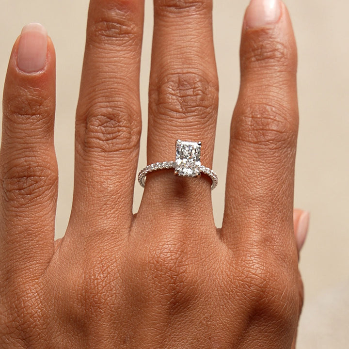 Radiant Cut Lab Grown Diamond Pavé Band Hidden Halo Engagement Ring