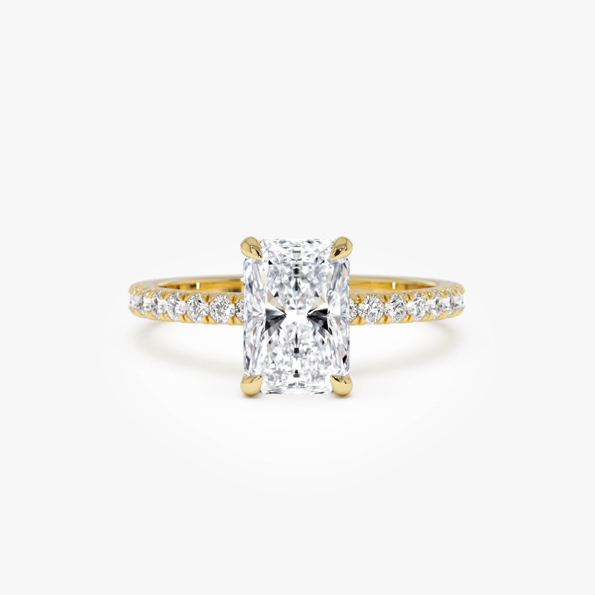 Radiant Cut Lab Grown Diamond Pave Band Hidden Halo Engagement Ring