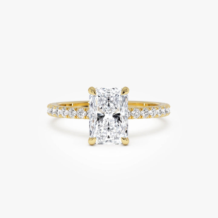 Radiant Cut Lab Grown Diamond Pave Band Hidden Halo Engagement Ring