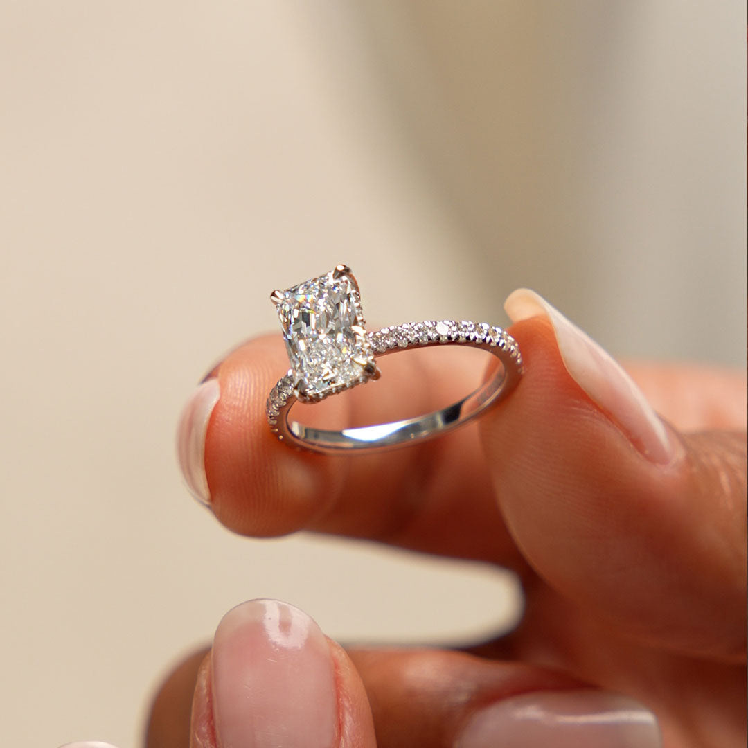 Radiant Cut Lab Grown Diamond Pave Band Hidden Halo Engagement Ring