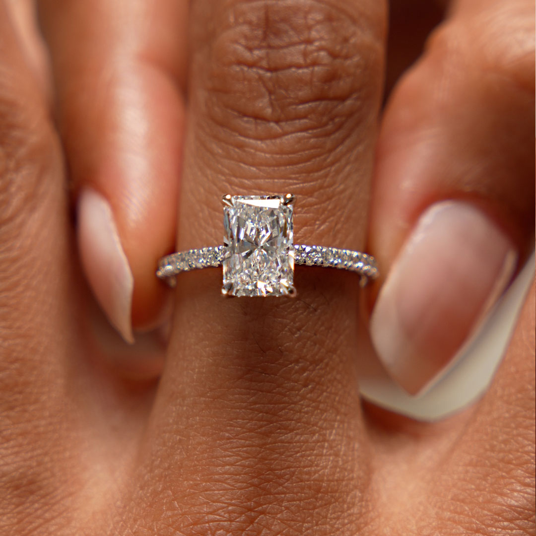 Radiant Cut Lab Grown Diamond Pave Band Hidden Halo Engagement Ring