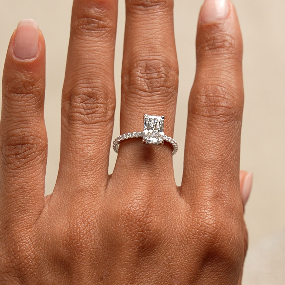 Radiant Cut Lab Grown Diamond Pave Band Hidden Halo Engagement Ring