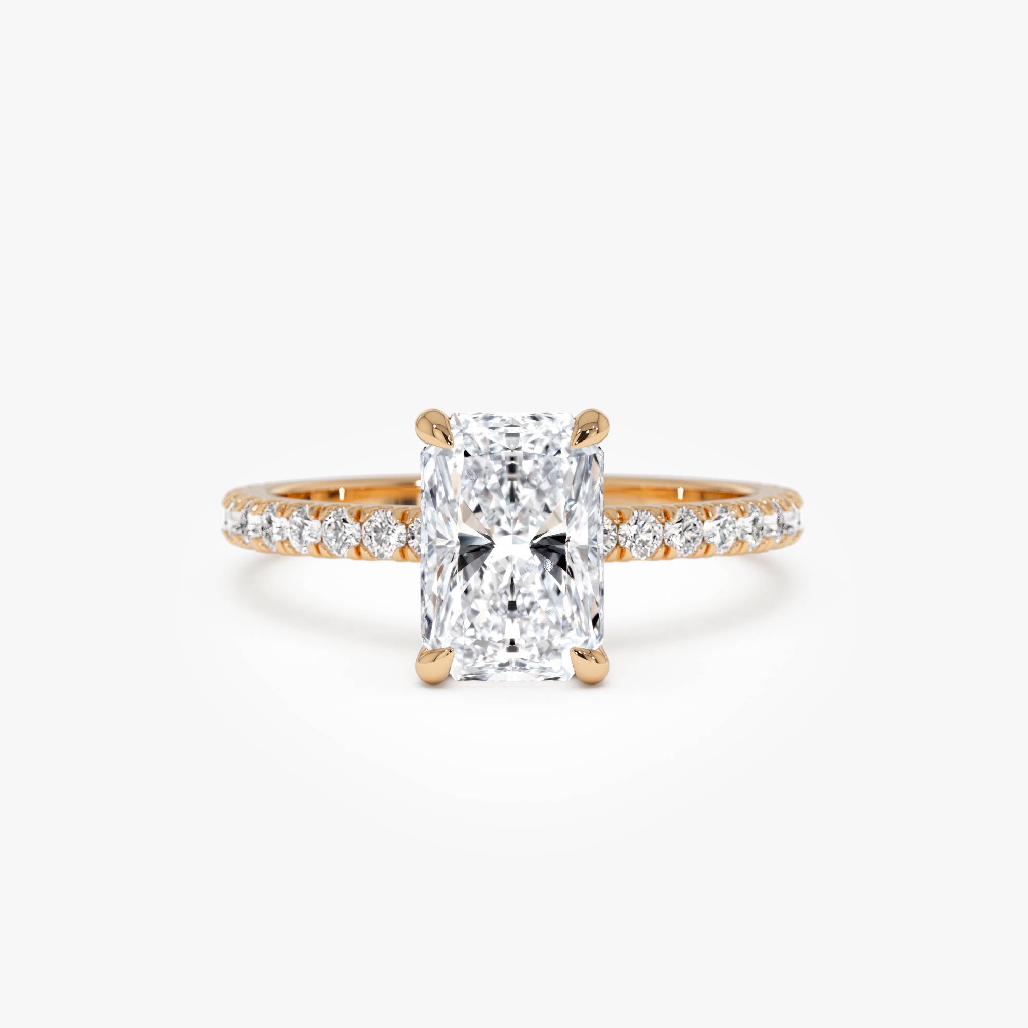 Radiant Cut Lab Grown Diamond Pave Band Hidden Halo Engagement Ring