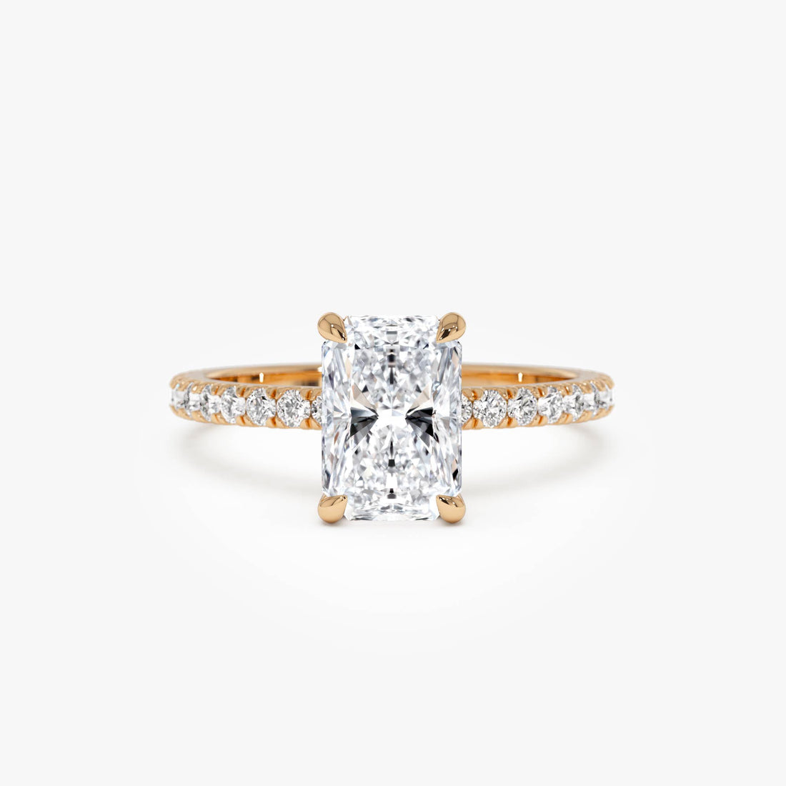 Radiant Cut Lab Grown Diamond Pave Band Hidden Halo Engagement Ring