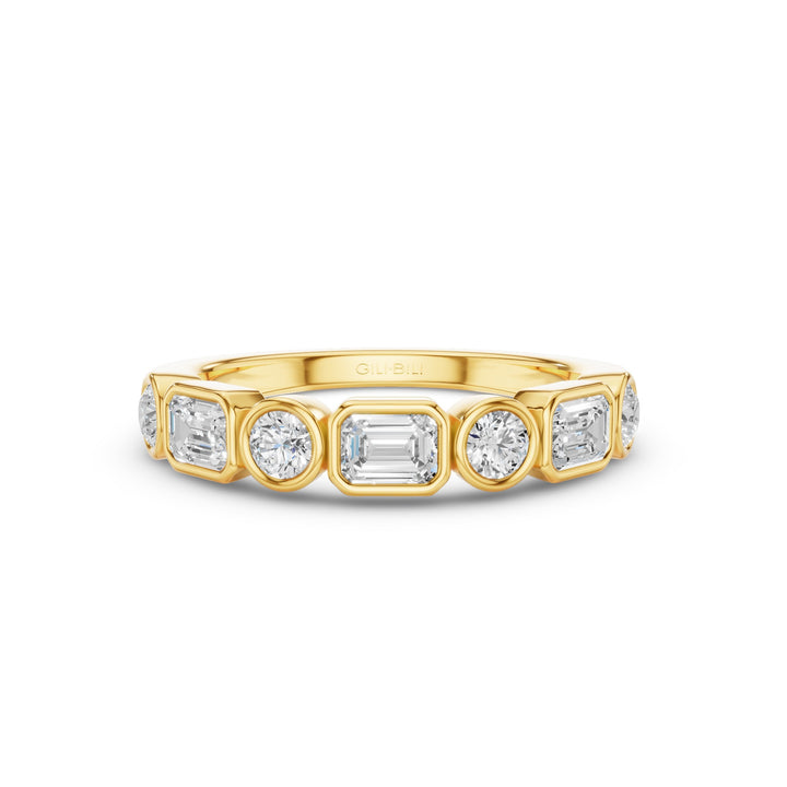 Round And Emerald Cut Lab Grown Diamond Bezel Setting Wedding Ring