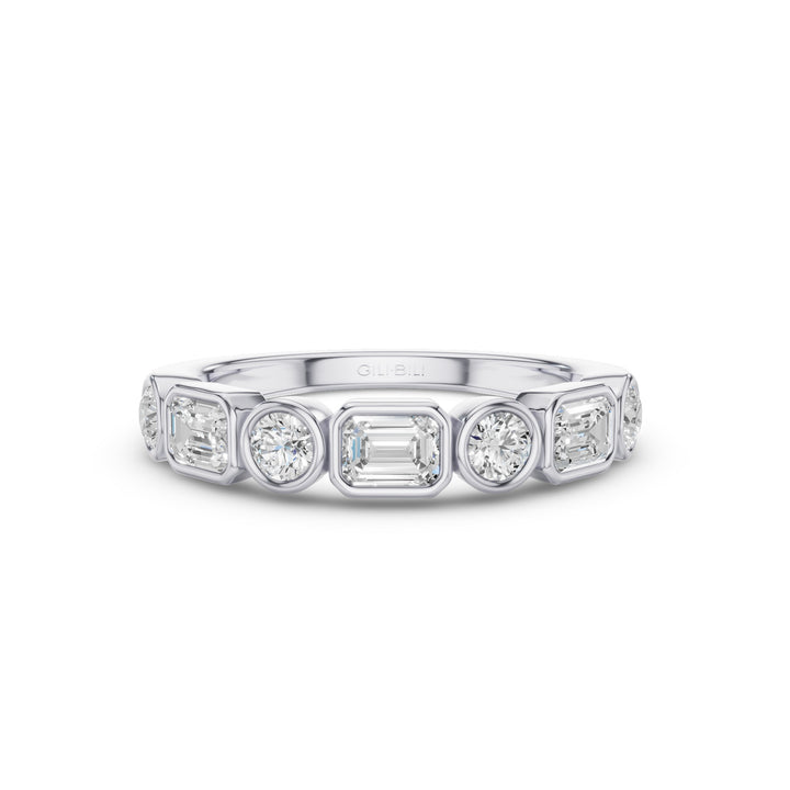 Round And Emerald Cut Lab Grown Diamond Bezel Setting Wedding Ring