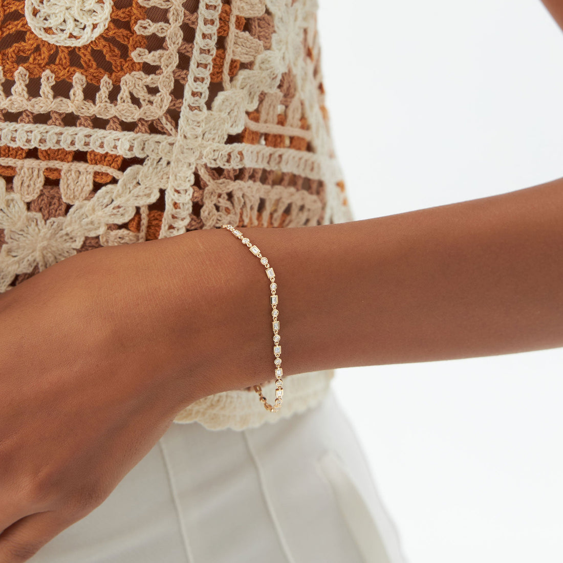 Round And Baguette Diamond Bezel Set Bracelet