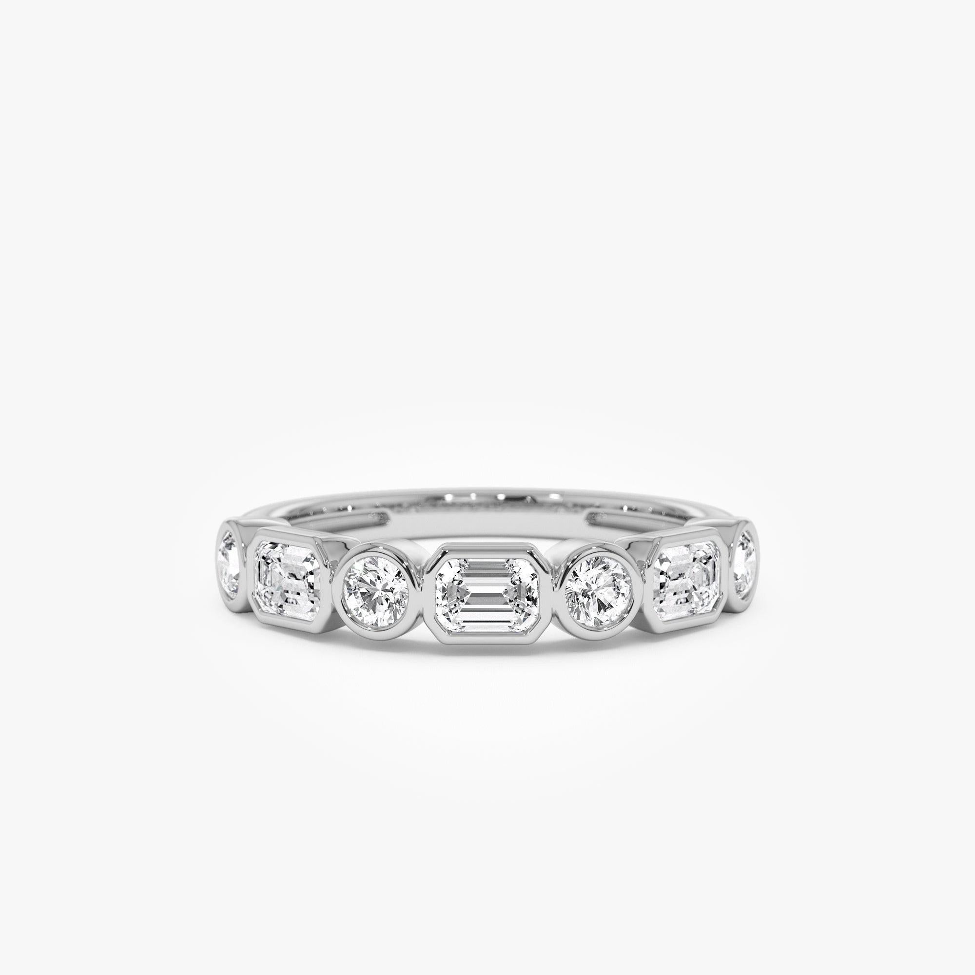 Round And Emerald Cut Lab Grown Diamond Bezel Setting Wedding Ring