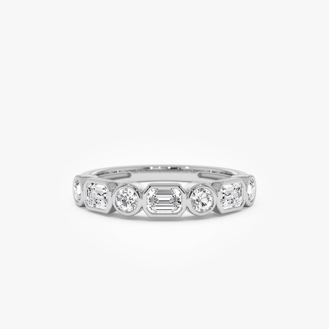 Round And Emerald Cut Lab Grown Diamond Bezel Setting Wedding Ring