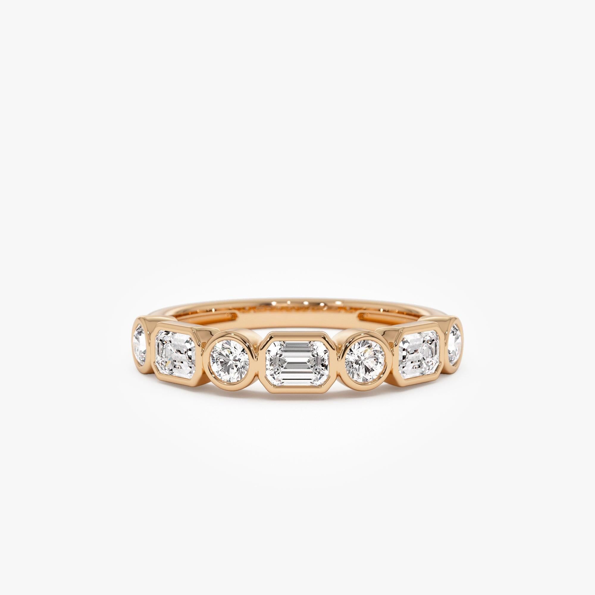 Round And Emerald Cut Lab Grown Diamond Bezel Setting Wedding Ring