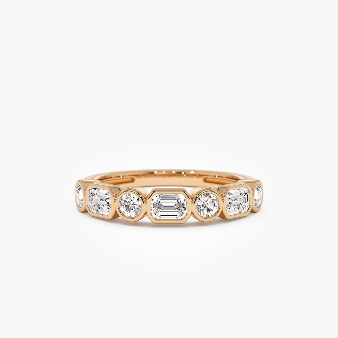 Round And Emerald Cut Lab Grown Diamond Bezel Setting Wedding Ring