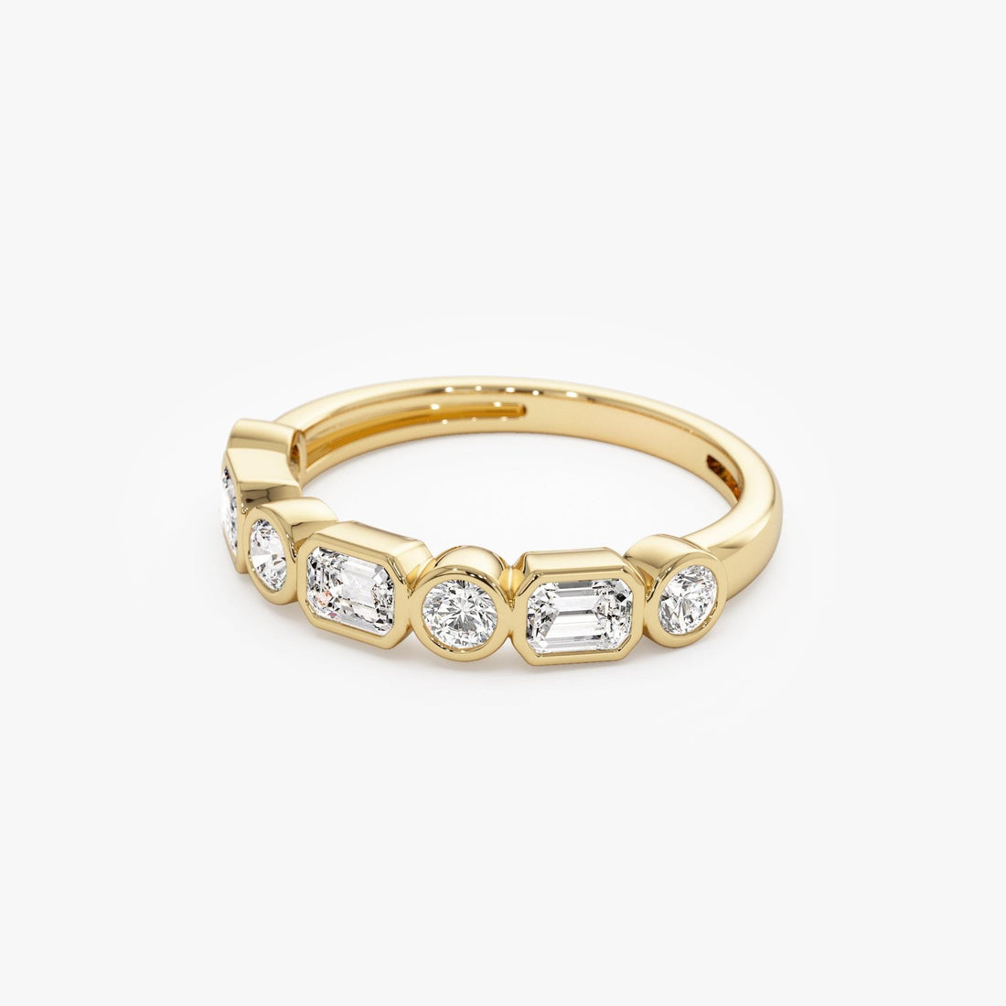 Round And Emerald Cut Lab Grown Diamond Bezel Setting Wedding Ring