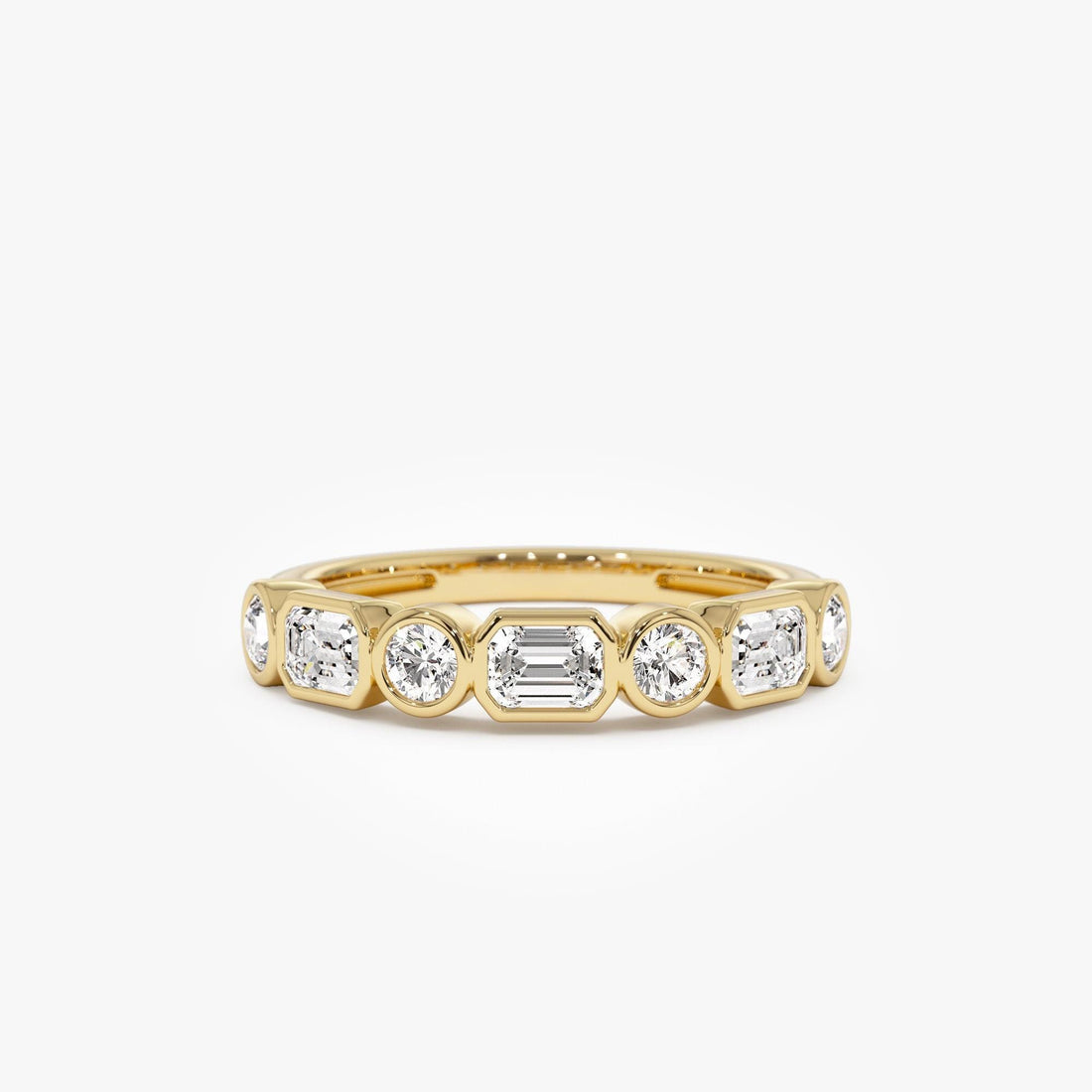 Round And Emerald Cut Lab Grown Diamond Bezel Setting Wedding Ring