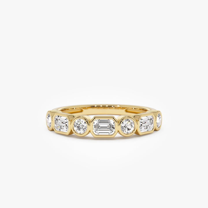 Round And Emerald Cut Lab Grown Diamond Bezel Setting Wedding Ring