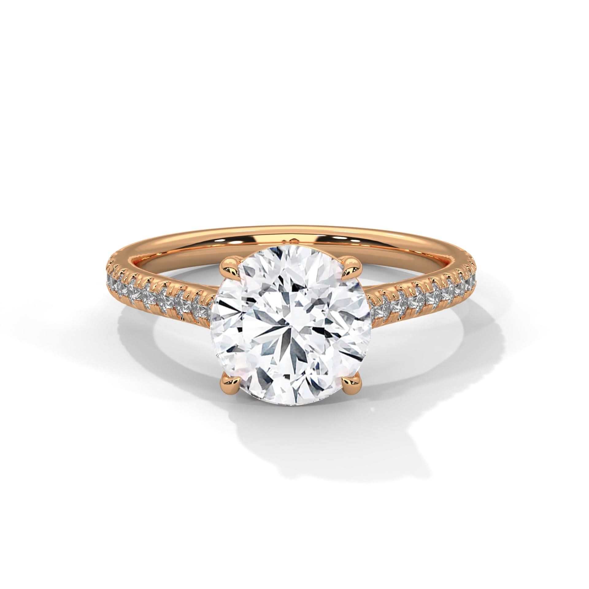 Rose gold ring with a large diamond and smaller diamonds on the band against a white background