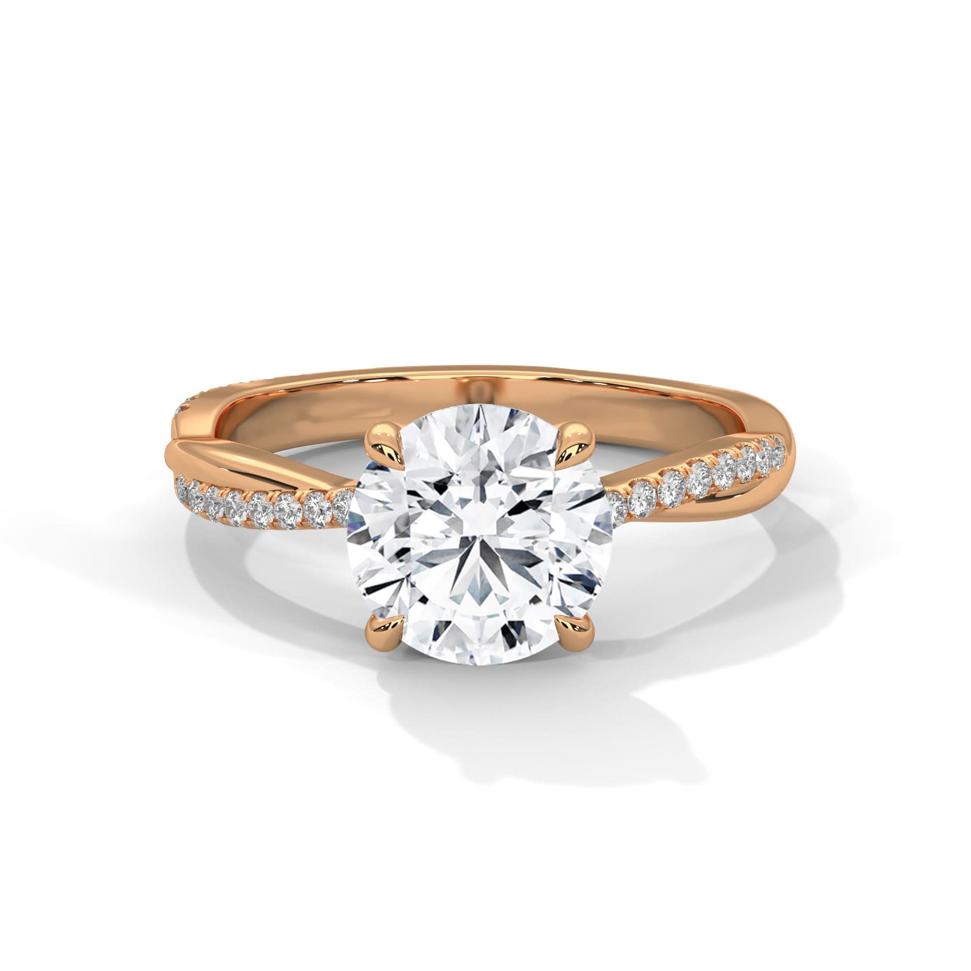 Rose gold ring with a large diamond and smaller diamonds on the band against a white background