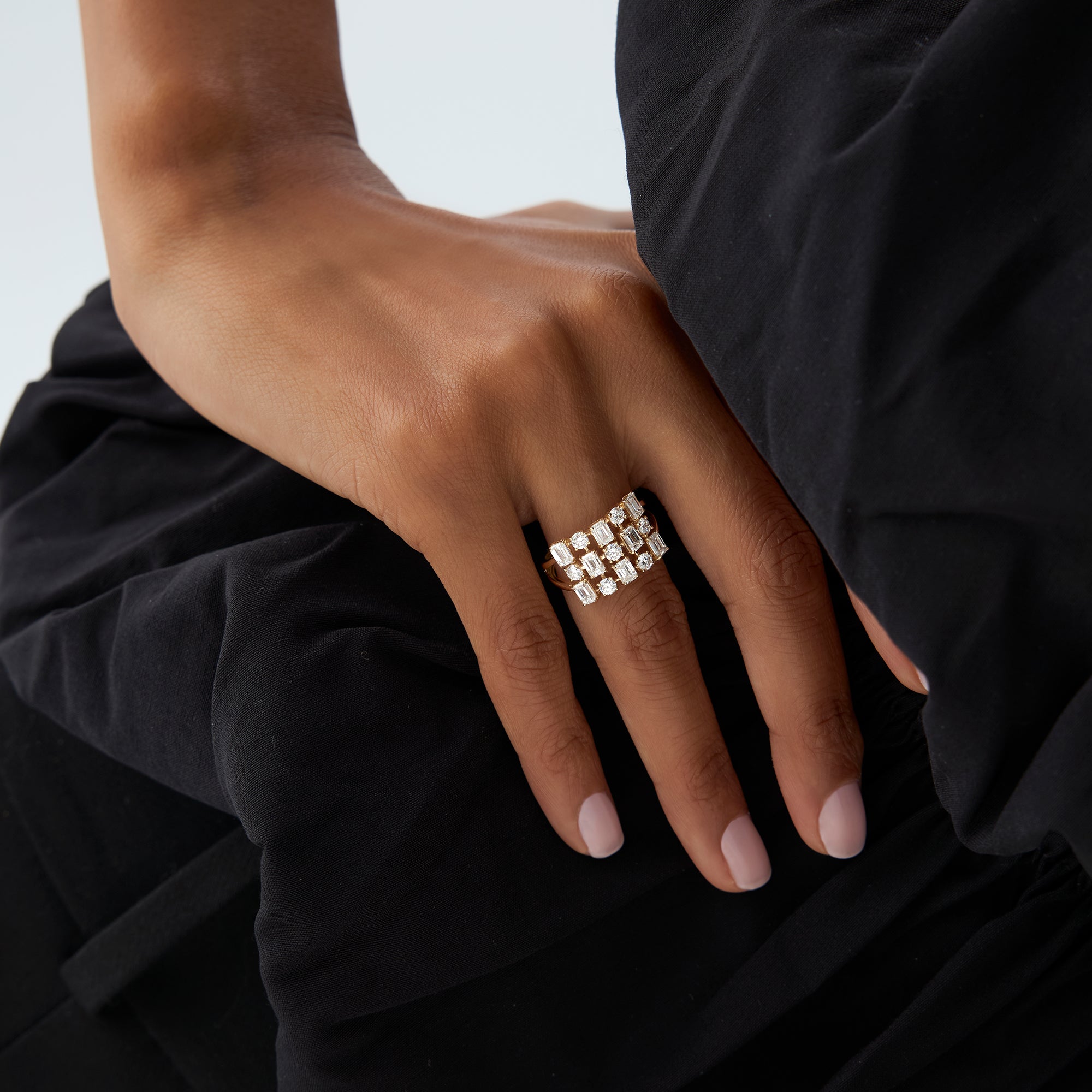 Round Emerald Multi Cut Lab Grown Diamond Cocktail Ring