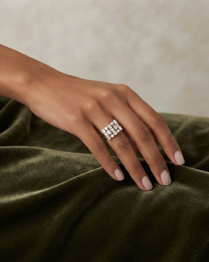 Round Emerald Multi Cut Lab Grown Diamond Cocktail Ring