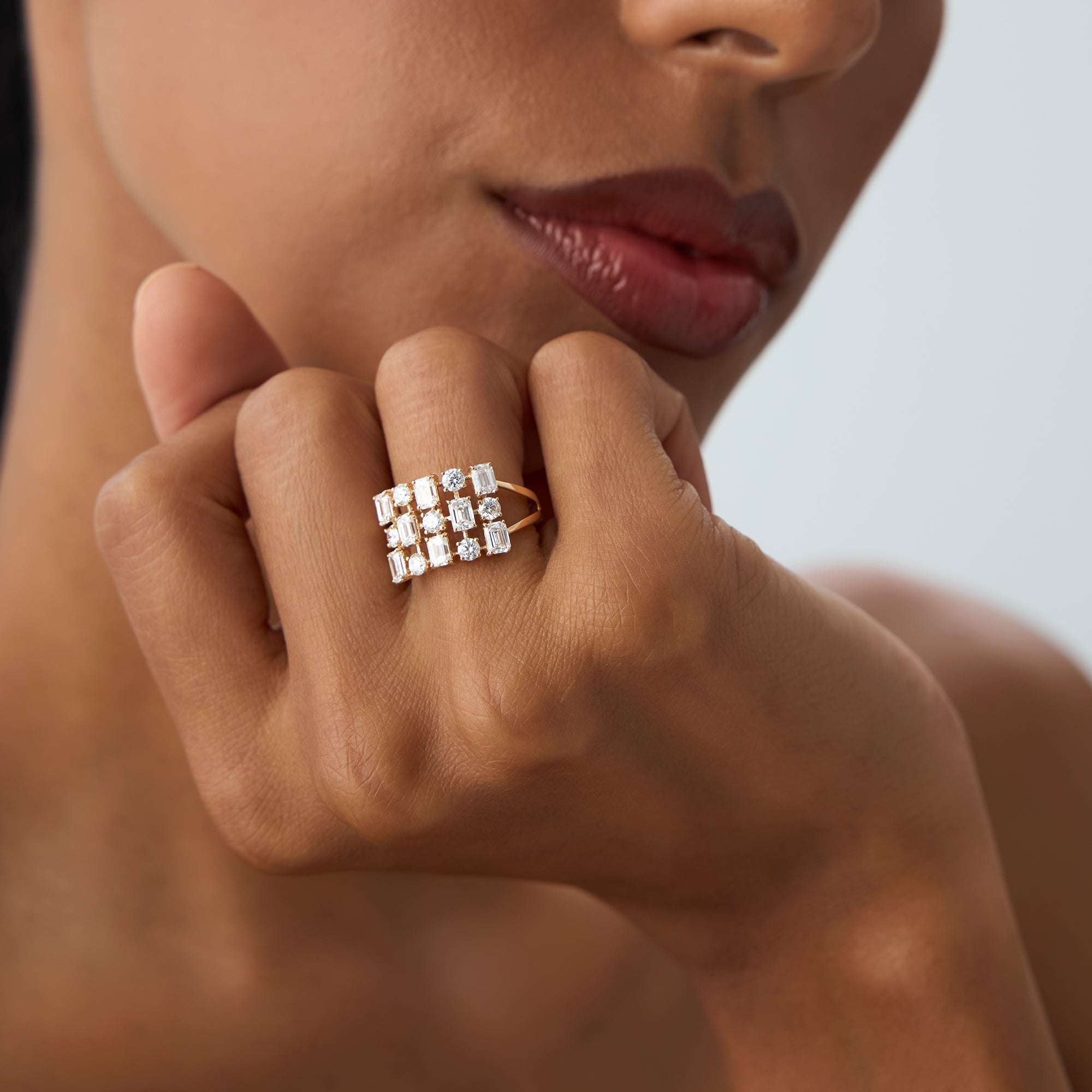 Round Emerald Multi Cut Lab Grown Diamond Cocktail Ring