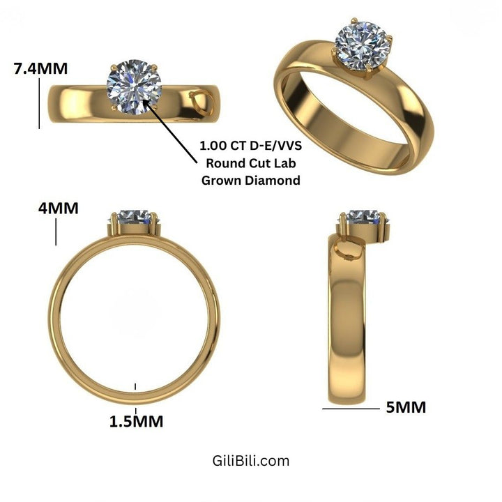 Round Lab Grown Diamond Solitaire Ring with Wide Band