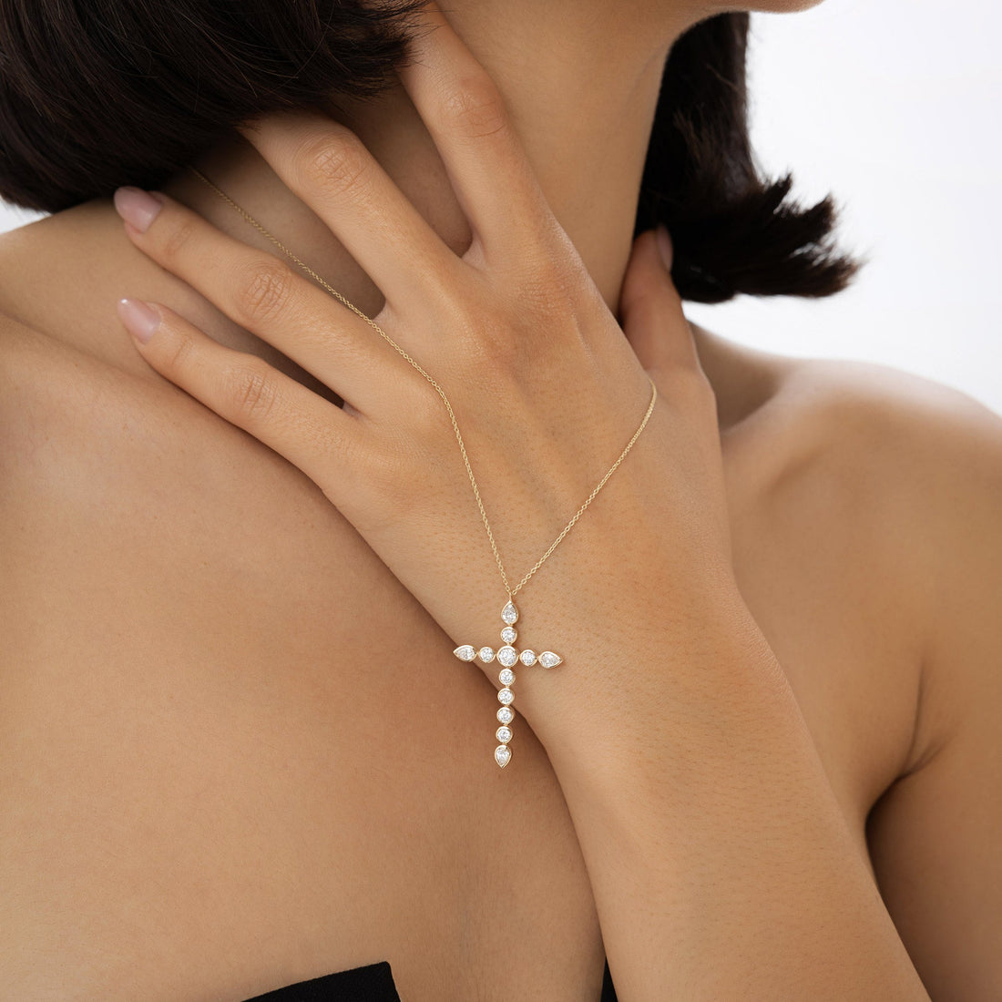 Round and Pear MIx Shape Diamond Cross Necklace